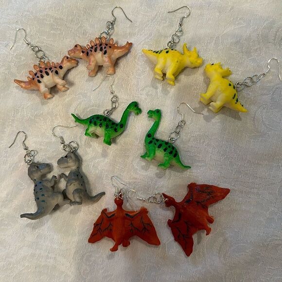 Earrings Pierced Dinosaur Silver Dangly Exaggerated Handmade Costume Jewelry - Picture 10 of 10